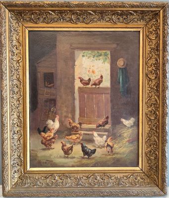tableau représentant des poulets dans une grange près d'une fenêtre