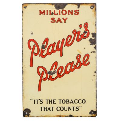 Grande enseigne publicitaire vintage en émail, "Player's Tob…