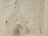 dessin au crayon représentant une église avec un clocher et une tour de clocher