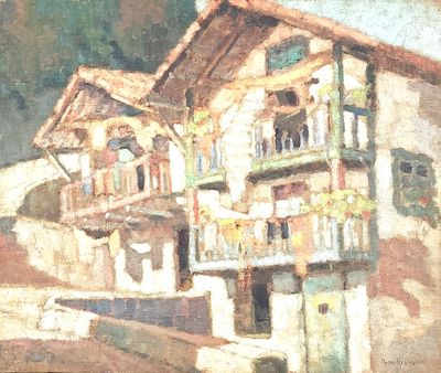 painting of a building with balconies and balconies on the top of it