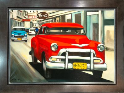 painting of a red classic car driving down the street in front of a diner