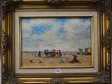 tableau représentant une scène de plage avec des personnes sur le sable et des parasols