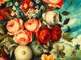 painting of a vase of flowers on a table with a blue sky in the background