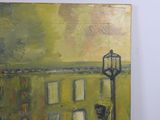 a painting on the wall of a room with a lamp post