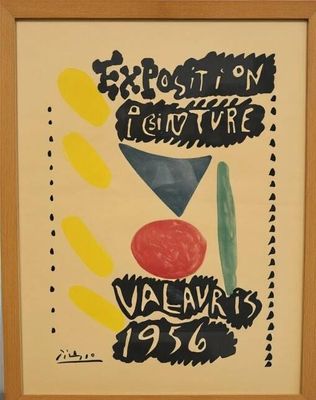 peinture représentant une balle rouge et un objet bleu et jaune