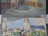 deux tableaux représentant une scène de rue avec des passants et une église en arrière-plan