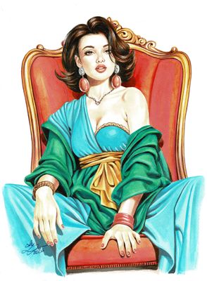 tableau représentant une femme assise sur une chaise rouge, vêtue d'une robe verte