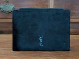 saint laurent black sued zipped wallet with monogramming