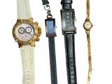 Trois montres différentes sont représentées sur un fond blanc, accompagnées d'une montre en or.