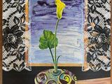 a painting of a yellow flower in a vase on a table