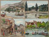 quatre photos d'un tableau représentant une ville avec des bateaux sur l'eau