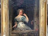 painting of a woman in a blue dress sitting on a window sill