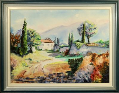 une image représentant un tableau d'une route de campagne avec une maison au loin