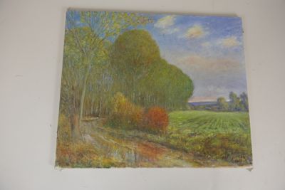 an oil painting of a country road with trees and fields in the background