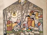 un vieux livre sur lequel figure une illustration représentant une crèche