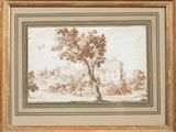 un tableau représentant un arbre dans un paysage, avec un château en arrière-plan