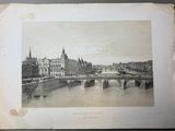 an old photo of a bridge over a river with a building in the background