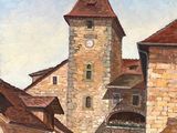 a painting of a building with a clock on it