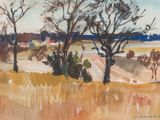 an image of a painting of a field with trees and a dirt road