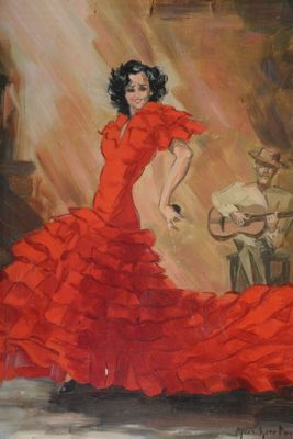 tableau représentant une femme en robe rouge, avec une guitare en arrière-plan