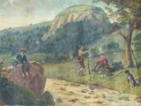 a painting of a man riding a horse in a field