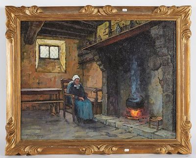 painting of a woman sitting in front of a fireplace in a room