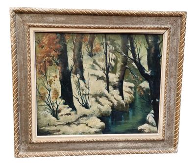 an oil painting of a stream running through a forest filled with trees