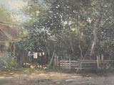 a painting of a farm scene with chickens in the yard