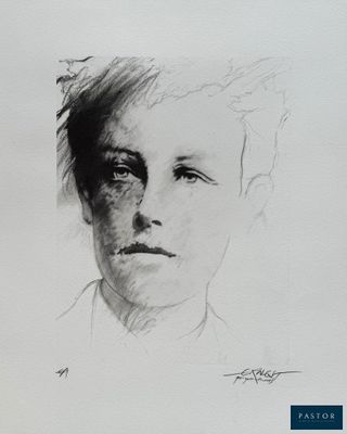 a black and white drawing of a woman ' s face