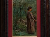 painting of a woman in a brown dress standing in front of a forest