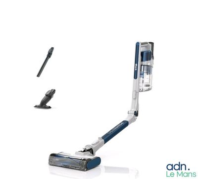 un aspirateur sans fil bleu et blanc et une serpillière noire et blanche