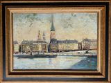 une peinture à l'huile représentant une vue de ville avec le clocher d'une église en arrière-plan