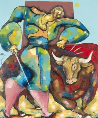 a painting of a man on a bull with a sword