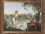 a painting of a woman and two swans on the water