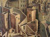 painting of a view of a city with a clock tower in the distance