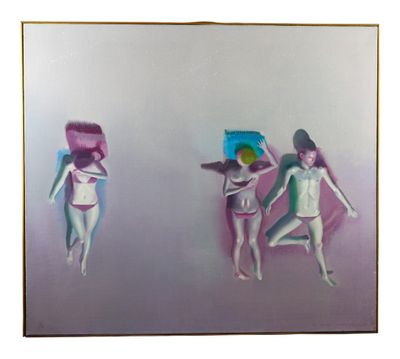 painting of three women in bathing suits on a beach with a surfboard