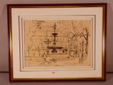 drawing of a fountain in a park in a frame on a wall