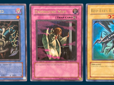 four different pokemon cards are shown in a row on a blue background