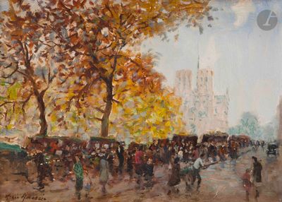 a painting of a crowd of people walking down the street