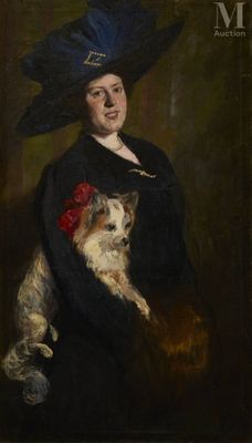 portrait d'une dame coiffée d'un chapeau bleu en compagnie d'un chien