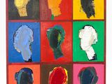an image of a painting of a group of people ' s heads in different colors