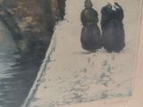 a picture of a painting of two people walking on a bridge