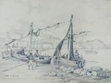 drawing of a group of men standing next to a boat on a body of water
