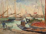 un tableau représentant des bateaux sur l'eau près d'un quai