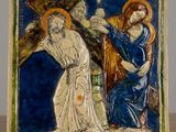 an image of a painting of jesus carrying the cross to a woman