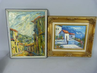 two paintings of houses and a street in a gold frame on a white background