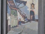 une peinture à l'huile représentant une scène de rue avec une tour horloge en arrière-plan