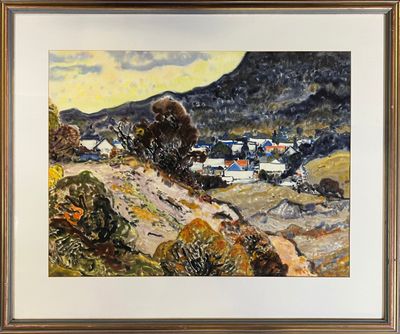 une image d'un tableau représentant un village sur une colline