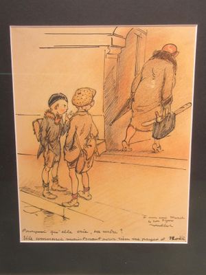 dessin représentant deux enfants debout devant une porte, avec un homme tenant un sac