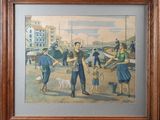 painting of a group of people on a beach with a dog on a leash